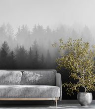 Cargar imagen en el visor de la galería, Black and White Misty Pine Forest Wallpaper. #6673
