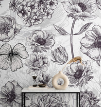 Cargar imagen en el visor de la galería, Black and White Flower Wallpaper Mural. #6676
