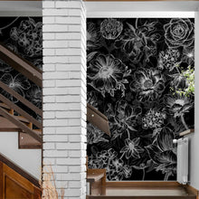 Carregar imagem no visualizador da galeria, Black Floral Background, Black and White Flower Wallpaper Mural. #6677
