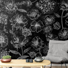 Carregar imagem no visualizador da galeria, Black Floral Background, Black and White Flower Wallpaper Mural. #6677
