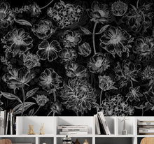 Cargar imagen en el visor de la galería, Black Floral Background, Black and White Flower Wallpaper Mural. #6677
