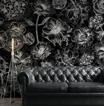 Load image into Gallery viewer, Black Floral Background, Black and White Flower Wallpaper Mural. #6677
