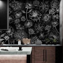 Cargar imagen en el visor de la galería, Black Floral Background, Black and White Flower Wallpaper Mural. #6677
