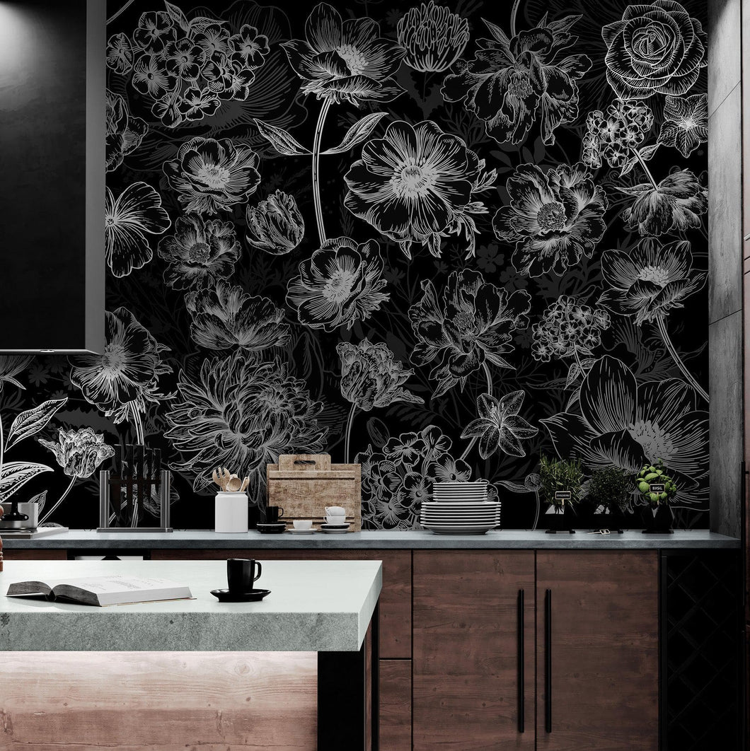 Black Floral Background, Black and White Flower Wallpaper Mural. #6677