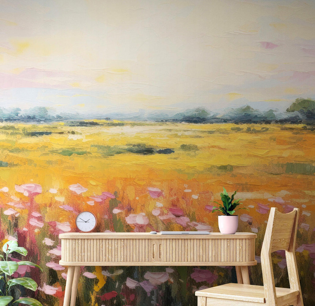 Colorful Yellow Flower Field Painting Wallpaper Mural. #6692