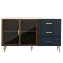 Carregar imagem no visualizador da galeria, Modern Sideboard MDF Buffet Cabinet Marble Sticker Tabletop and Amber-yellow Tempered Glass Doors with Gold Metal Legs &amp; Handles (Navy Blue)
