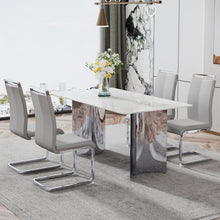 Load image into Gallery viewer, Modern minimalist dining table. Imitation marble glass sticker desktop, stainless steel legs, stable and beautiful. 4 premium PU seats. 63 inches x 35.4 inches x 29.5 inches DT-69
