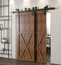 Load image into Gallery viewer, Double Track U-Shape Bypass Sliding Barn Door Hardware Kit - Star Design Roller
