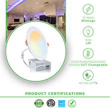 Load image into Gallery viewer, 5 in. &amp; 6 in. 12W LED Slim Panel Lights with 5CCT Selectable, Dimmable, and ETL Listed LED Downlight with Junction Box
