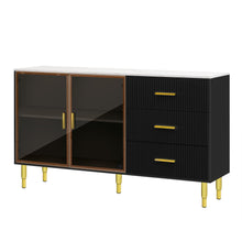 Carregar imagem no visualizador da galeria, Modern Sideboard MDF Buffet Cabinet Marble Sticker Tabletop and Amber-yellow Tempered Glass Doors with Gold Metal Legs &amp; Handles (Black)
