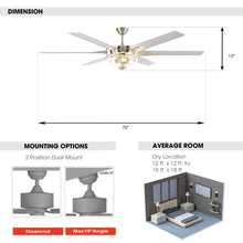 Load image into Gallery viewer, 70&quot; Modern Brushed Nickel DC Motor Downrod Mount Ceiling Fan with Lighting and Remote Control
