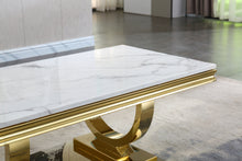 Carregar imagem no visualizador da galeria, Modern Rectangular White Marble Coffee Table, 0.71&quot; Thick Marble Top, U-Shape Stainless Steel Base with Gold Mirrored Finish
