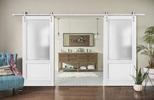 Carregar imagem no visualizador da galeria, Lucia 22 White Silk Double Barn Door with Frosted Glass | Silver Finish Rail
