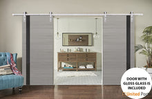 Cargar imagen en el visor de la galería, Planum 0040 Grey Ash Double Barn Door with Black Glass and Silver Finish Rail
