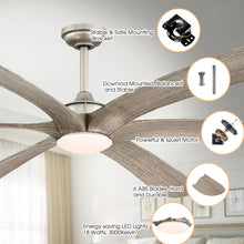 Cargar imagen en el visor de la galería, 72&quot; Jaydn Farmhouse Satin Nickel DC Motor Downrod Mount Reversible Ceiling Fan with Lighting and Remote Control
