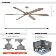 Carregar imagem no visualizador da galeria, 72&quot; Jaydn Farmhouse Satin Nickel DC Motor Downrod Mount Reversible Ceiling Fan with Lighting and Remote Control
