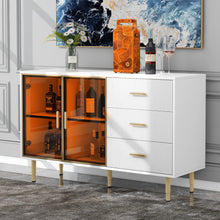 Carregar imagem no visualizador da galeria, Modern Sideboard MDF Buffet Cabinet Marble Sticker Tabletop and Amber-yellow Tempered Glass Doors with Gold Metal Legs &amp; Handles (White)
