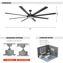 Cargar imagen en el visor de la galería, 75&quot; Industrial DC Motor Downrod Mount Reversible Ceiling Fan with Lighting and Remote Control
