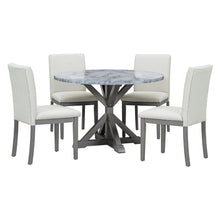 Carregar imagem no visualizador da galeria, 5-Piece Farmhouse Style Dining Table Set, Marble Sticker and Cross Bracket Pedestal Dining Table, and 4 Upholstered Chairs (White+Gray)
