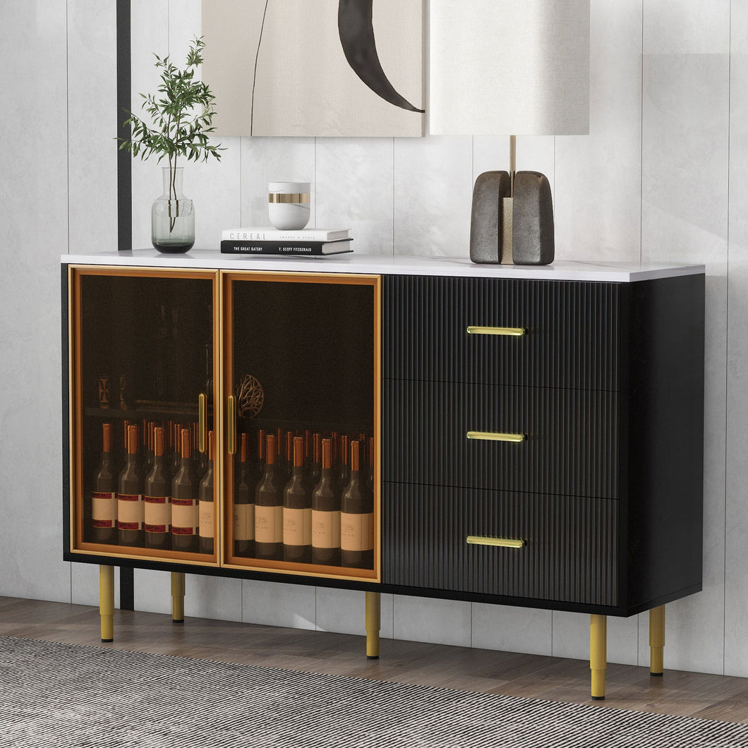 Modern Sideboard MDF Buffet Cabinet Marble Sticker Tabletop and Amber-yellow Tempered Glass Doors with Gold Metal Legs & Handles (Black)