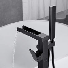 Carregar imagem no visualizador da galeria, Bathroom Freestanding Waterfall Tub filler Matte Black Floor Mount Faucet with Hand Shower
