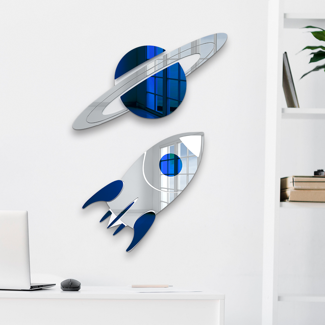 2-Piece Set | Planet Saturn & Space Rocket Decor