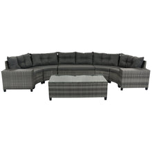 Carregar imagem no visualizador da galeria, 8-pieces Outdoor Wicker Round Sofa Set, Half-Moon Sectional Sets All Weather, Curved Sofa Set With Rectangular Coffee Table, PE Rattan Water-resistant and UV Protected, Movable Cushion, Gray
