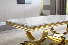 Carregar imagem no visualizador da galeria, Modern Rectangular White Marble Coffee Table, 0.71&quot; Thick Marble Top, U-Shape Stainless Steel Base with Gold Mirrored Finish
