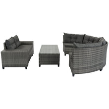 Carregar imagem no visualizador da galeria, 8-pieces Outdoor Wicker Round Sofa Set, Half-Moon Sectional Sets All Weather, Curved Sofa Set With Rectangular Coffee Table, PE Rattan Water-resistant and UV Protected, Movable Cushion, Gray
