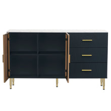 Carregar imagem no visualizador da galeria, Modern Sideboard MDF Buffet Cabinet Marble Sticker Tabletop and Amber-yellow Tempered Glass Doors with Gold Metal Legs &amp; Handles (Navy Blue)
