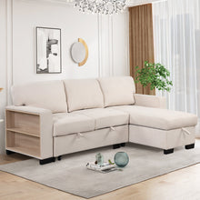 Carregar imagem no visualizador da galeria, Stylish and Functional Light Chaise Lounge Sectional with Storage Rack Pull-out Bed Drop Down Table and USB Charger Beige
