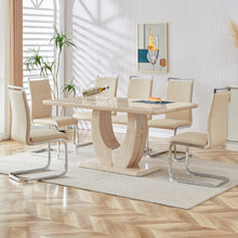 Load image into Gallery viewer, Table and chair set.Modern minimalist luxury MDF rectangular dining table with light yellow textured stickers on the table, 6 PU synthetic leather high backrest soft cushioned side chairs.
