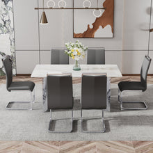 Load image into Gallery viewer, Modern minimalist dining table. Imitation marble glass sticker desktop, stainless steel legs, stable and beautiful. 6 premium PU seats. 63 inches x 35.4 inches x 29.5 inches DT-69
