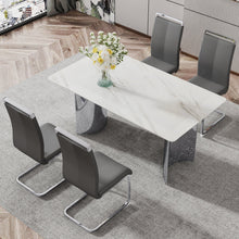 Carregar imagem no visualizador da galeria, Modern minimalist dining table. Imitation marble glass sticker desktop, stainless steel legs, stable and beautiful. 4 premium PU seats. 63 inches x 35.4 inches x 29.5 inches DT-69
