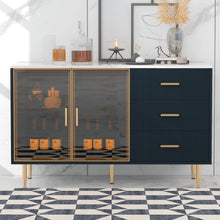 Carregar imagem no visualizador da galeria, Modern Sideboard MDF Buffet Cabinet Marble Sticker Tabletop and Amber-yellow Tempered Glass Doors with Gold Metal Legs &amp; Handles (Navy Blue)
