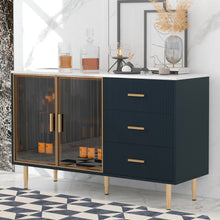 Carregar imagem no visualizador da galeria, Modern Sideboard MDF Buffet Cabinet Marble Sticker Tabletop and Amber-yellow Tempered Glass Doors with Gold Metal Legs &amp; Handles (Navy Blue)
