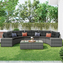 Carregar imagem no visualizador da galeria, 8-pieces Outdoor Wicker Round Sofa Set, Half-Moon Sectional Sets All Weather, Curved Sofa Set With Rectangular Coffee Table, PE Rattan Water-resistant and UV Protected, Movable Cushion, Gray
