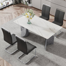 Carregar imagem no visualizador da galeria, Modern minimalist dining table. Imitation marble glass sticker desktop, stainless steel legs, stable and beautiful. 4 black PU seats. 63 &quot;x 35.4&quot; x 29.5 &quot;DT-69
