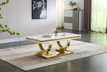 Carregar imagem no visualizador da galeria, Modern Rectangular White Marble Coffee Table, 0.71&quot; Thick Marble Top, U-Shape Stainless Steel Base with Gold Mirrored Finish
