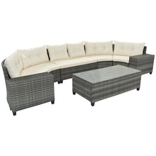 Carregar imagem no visualizador da galeria, 8-pieces Outdoor Wicker Round Sofa Set, Half-Moon Sectional Sets All Weather, Curved Sofa Set With Rectangular Coffee Table, PE Rattan Water-resistant and UV Protected, Movable Cushion, Beige
