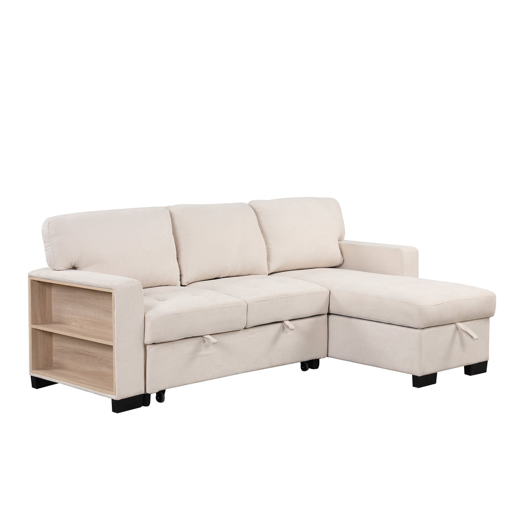 Stylish and Functional Light Chaise Lounge Sectional with Storage Rack Pull-out Bed Drop Down Table and USB Charger Beige