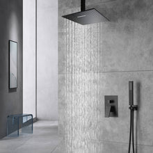 Carregar imagem no visualizador da galeria, 12&#39;&#39; or 16&#39;&#39; Matte Black Ceiling Mounted Rainfall Shower Faucet with LED or Non-LED Light - Dual Function with Pressure Balance Rough-In Valve
