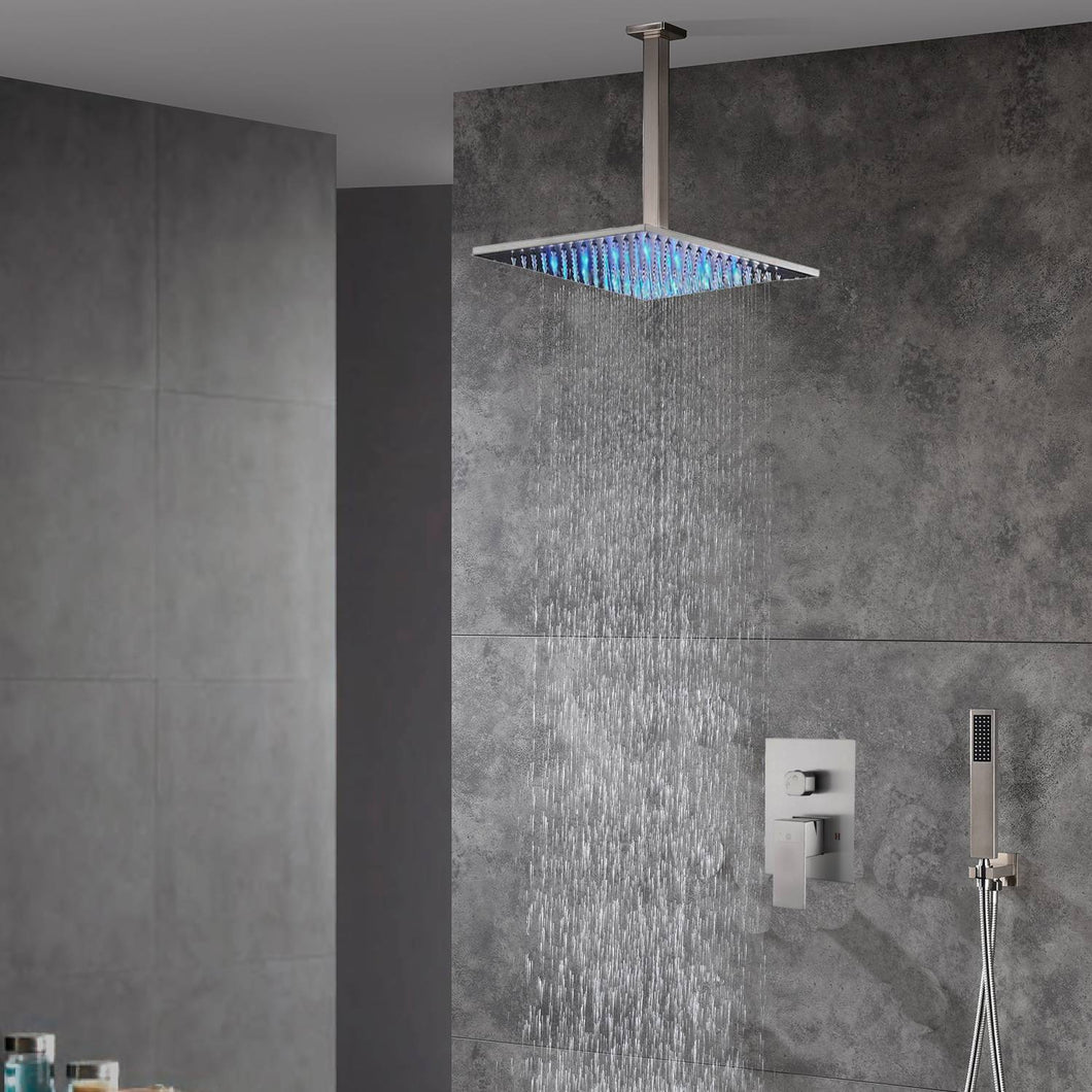 16'' LED two function  Brushed Nickel Rain Rainfall showers with handle sprayers