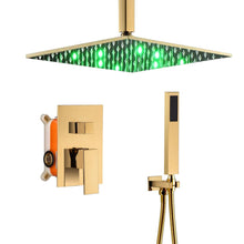 Load image into Gallery viewer, 12 Inch or 16 Inch LED Color Changing Ceiling Mounted 2 Way Polished Gold Shower System - Includes Rough-in Valve Body and Trim
