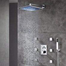 Carregar imagem no visualizador da galeria, 12-Inch or 16-Inch Chrome Thermostatic Shower System with Optional LED Light - Features 3-Way Functionality &amp; Includes 6 Body Jets for Simultaneous and Separate Operation
