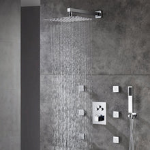Carregar imagem no visualizador da galeria, 12-Inch or 16-Inch Chrome Thermostatic Shower System with Optional LED Light - Features 3-Way Functionality &amp; Includes 6 Body Jets for Simultaneous and Separate Operation
