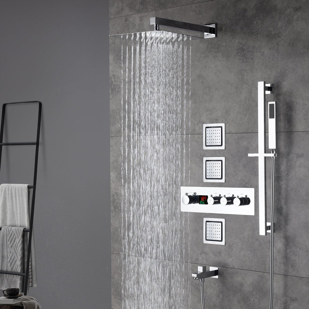 12inch  Wall mount 3 way digital thermostatic shower faucet with sliding bar and 4inch body jets