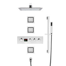 Carregar imagem no visualizador da galeria, 12inch  Wall mount 3 way digital thermostatic shower faucet with sliding bar and 4inch body jets

