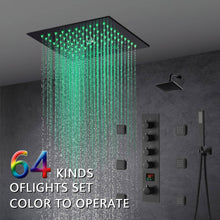 Load image into Gallery viewer, 12-Inch Matte Black Flush Mount Shower Faucet Set with Digital Display: 4-Way Thermostatic Control, 64-Color LED Lights, Bluetooth Music, Body Sprayers and Regular Head

