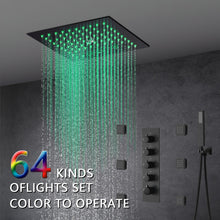 Load image into Gallery viewer, 12-Inch Flush-Mount Matte Black Thermostatic Shower Faucet: 4-Way Control, 64-Color LED Lighting, Bluetooth Music, Optional Digital Display, and Body Sprayers
